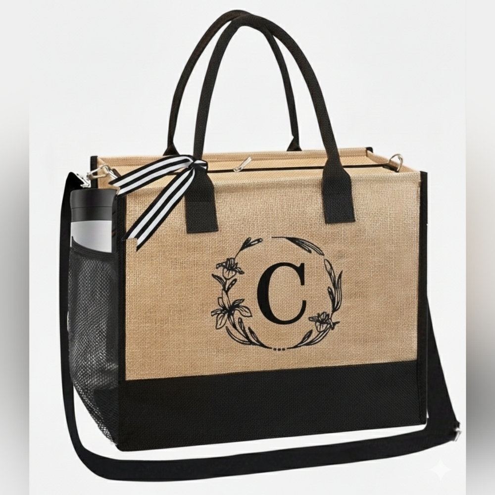 Monogrammed Embroidered Jute Tote Bag Zipper Pocket -Personalized Gift- Letter C